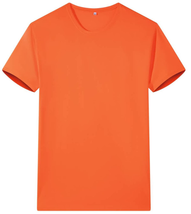 An orange Saharah dryfit tee shirt with short sleeves and a round neckline, featuring a logo.