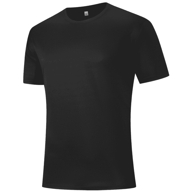 A black t-shirt with short sleeves and a round neckline, featuring a logo on the chest.