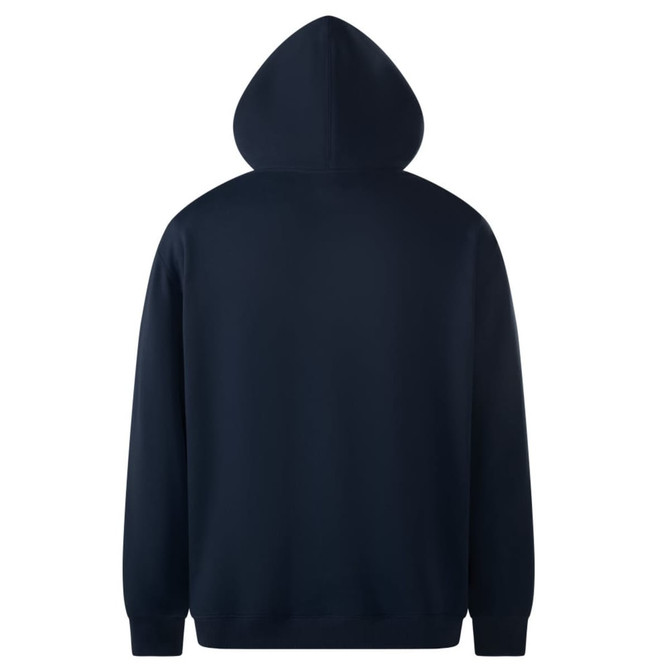 A navy hoodie with a large hood, featuring a plain back design and long sleeves. The hoodie includes a logo.