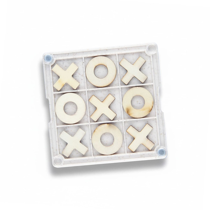 A Tic Tac Toe board game coaster featuring a white and natural wood design with X and O pieces. It has a clear protective cover.
