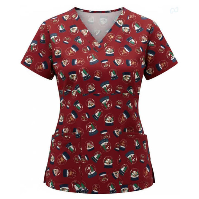 A women's Christmas scrub top in a festive red colour featuring various holiday-themed designs and a logo.