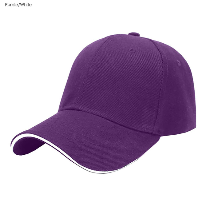 A purple and white six-panel cotton sandwich cap with a curved brim and a logo on the front.