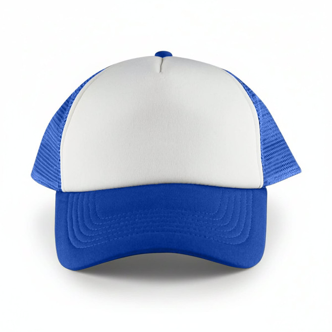 A white front trucker mesh cap with a blue brim and blue mesh sides, featuring a logo.