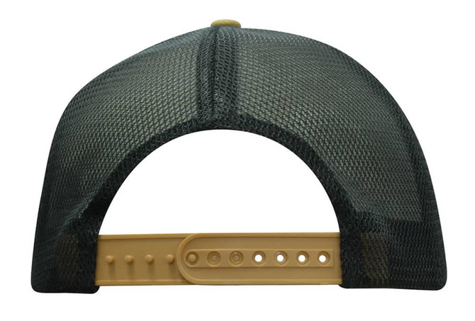 A deep fit trucker cap featuring a black twill front and a mesh back with a tan adjustable strap.