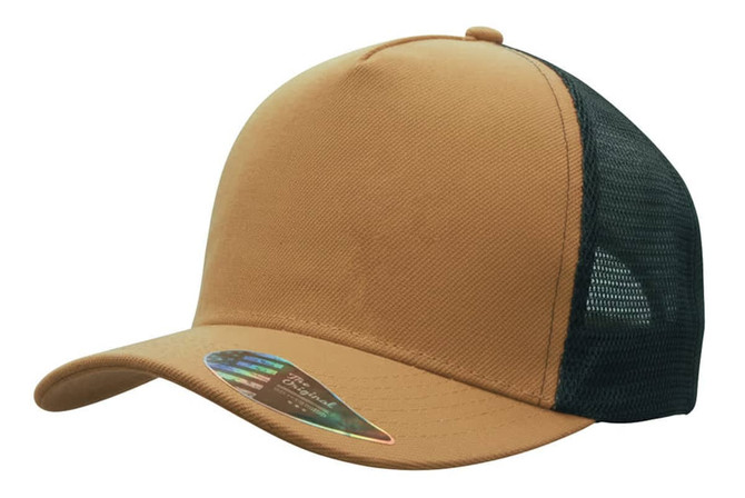 A deep fit trucker cap featuring a tan front and black mesh back with a curved visor and branding.