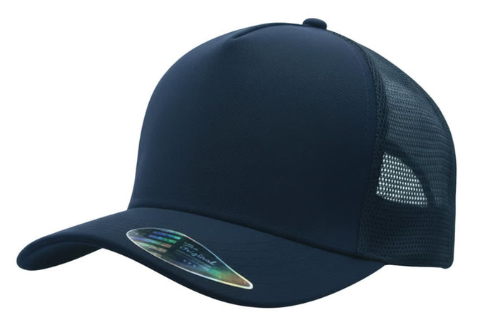 A navy blue deep fit trucker cap with a mesh back and a curved brim. It features a logo on the side.