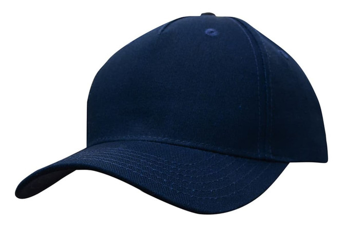 A navy cotton twill cap with a buckle and a stitched brim, featuring a logo on the front.