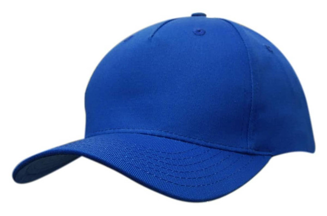 A blue cotton twill cap with a buckle and a curved visor, featuring a branding logo.