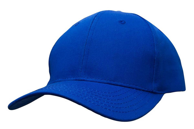 A blue cotton twill cap with a buckle and a logo on the front.