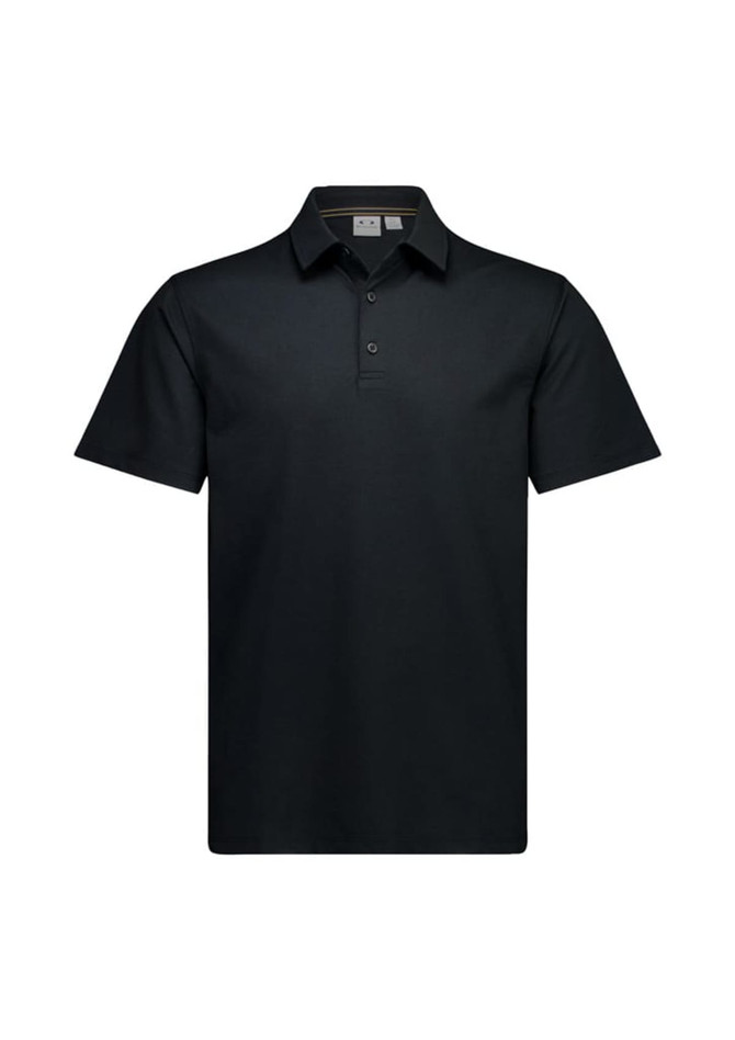 A black short sleeve polo shirt with a collar and three buttons, featuring a logo on the left chest.