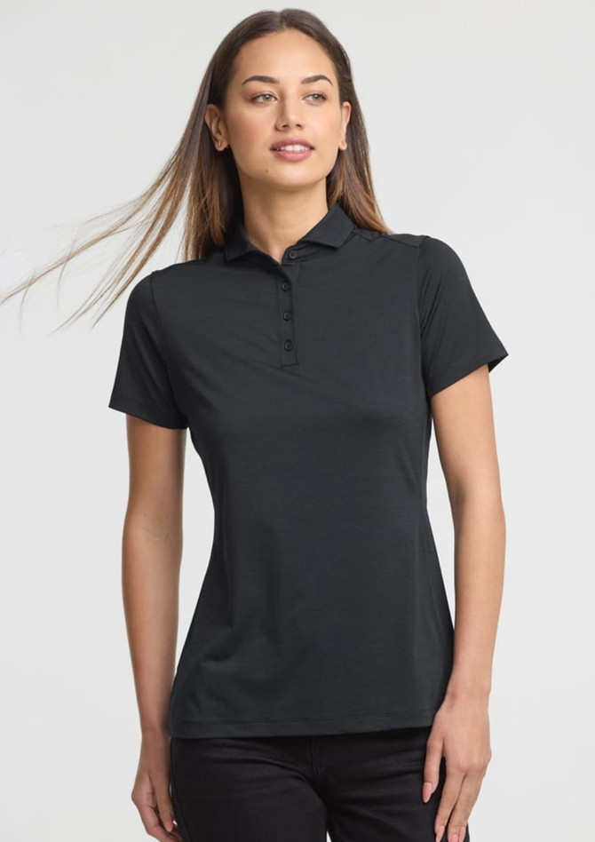 A women's short sleeve polo in black, featuring a collar and a fitted design. It has a logo on the chest.