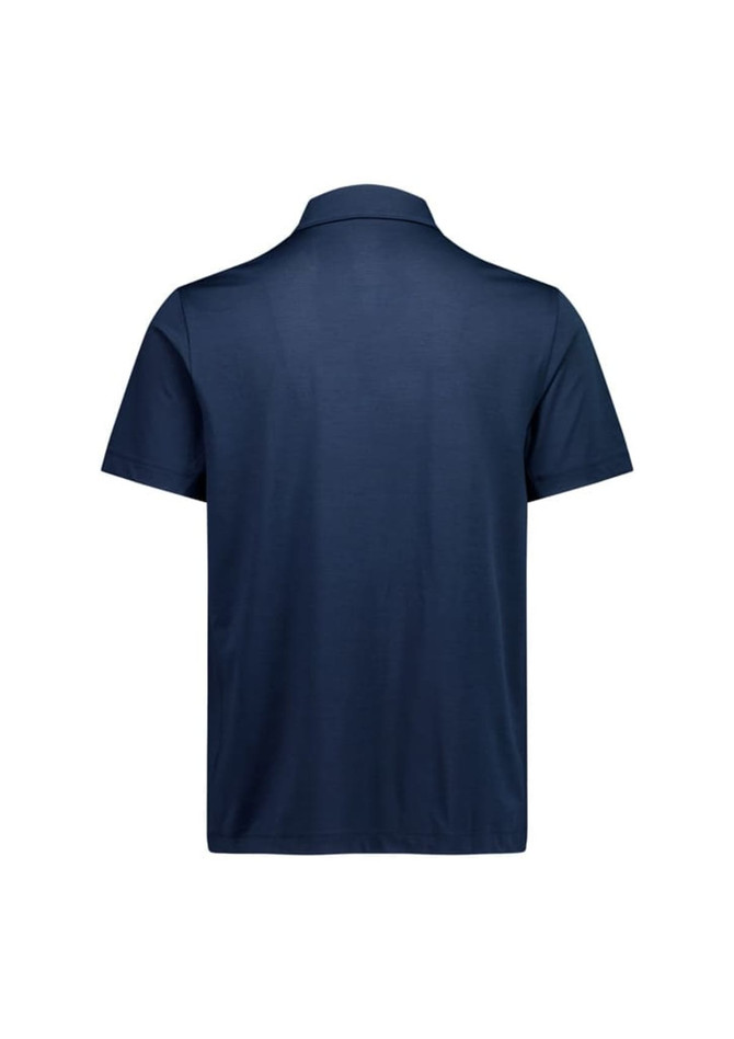 A navy short sleeve polo shirt with a classic collar and a logo on the back.