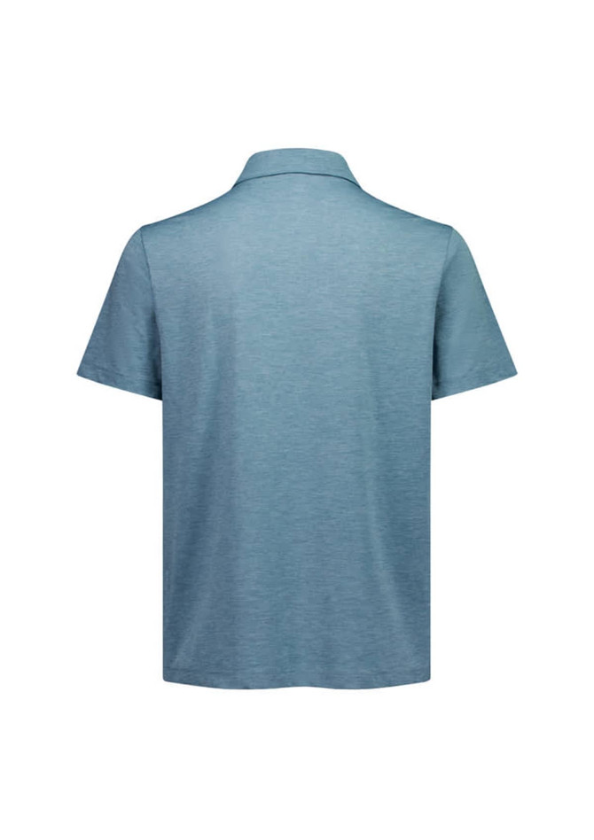 A short sleeve polo shirt in a light blue colour with a collar, featuring a logo on the back.