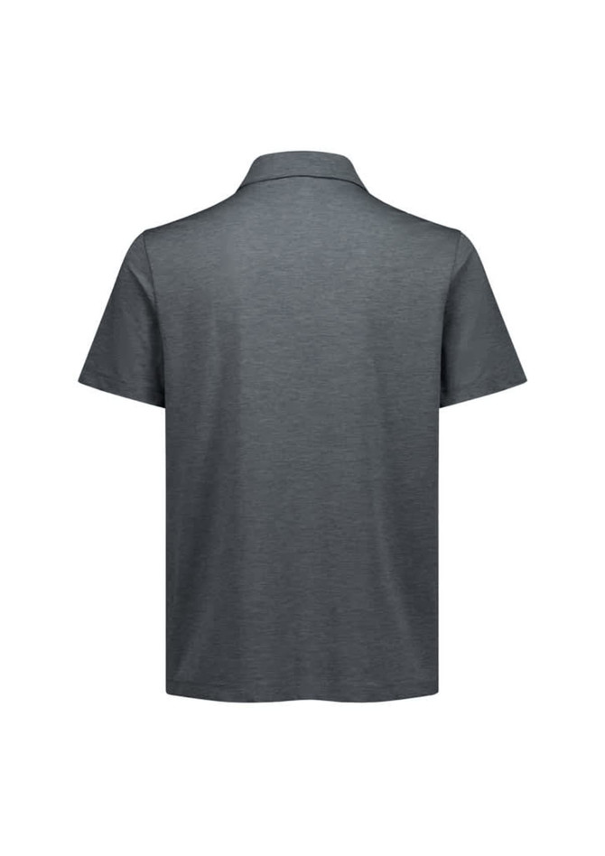 A men's short sleeve polo in a dark grey colour, featuring a classic collar and a logo on the back.