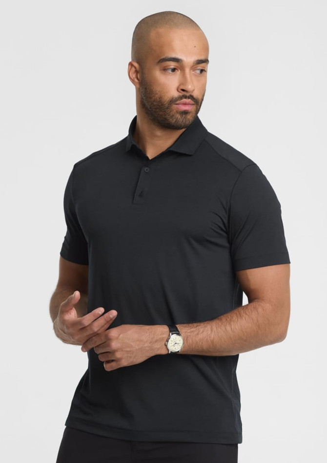 A men's short sleeve polo in black featuring a fitted design and a collar, with a logo on the chest.