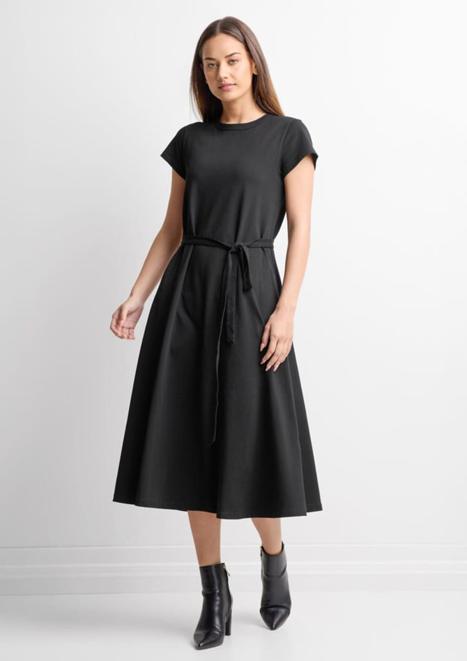 A black midi dress with a fitted top and flared skirt, featuring short sleeves and a waist tie.