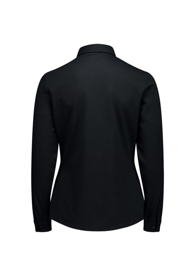 A women's long sleeve shirt in black, featuring a classic collar and a fitted silhouette. It has a logo on the back.