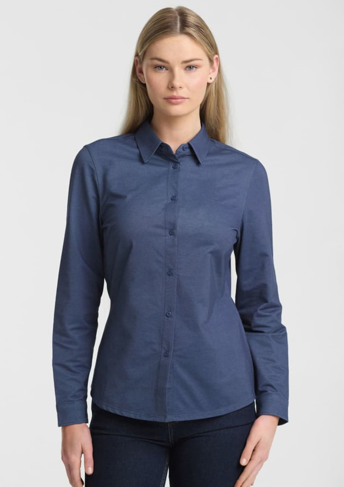 A long-sleeve women's shirt in navy blue featuring a collared neckline and button-up front, with a logo present.