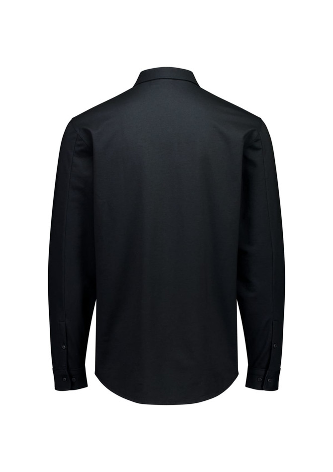 A black long-sleeve button-up shirt with a collar and cuffs, featuring a subtle logo.