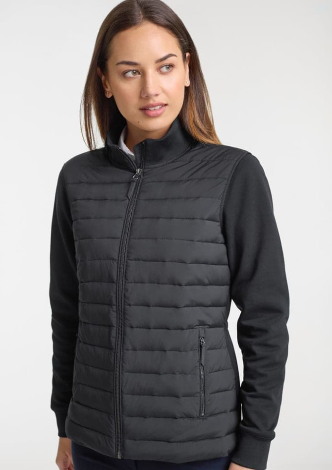 A black women's tailored jacket featuring a zip front, padded design, and pockets. Ideal for layering and style.