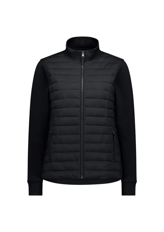 A women's tailor jacket featuring a black puffer front and black sleeves, with zip pockets and a high collar.