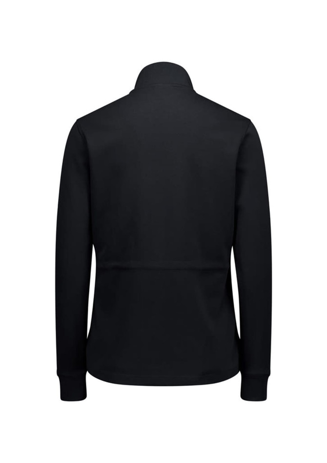 A women's tailored jacket in black, featuring a simple design and long sleeves, viewed from the back.