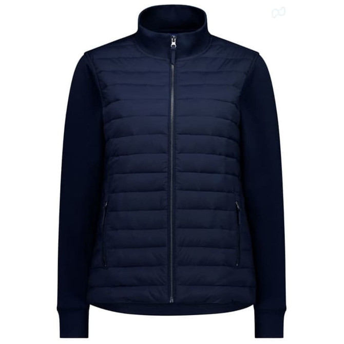 A women's tailor jacket in navy, featuring a zip front and padded body with long sleeves. It has a logo on the zipper.