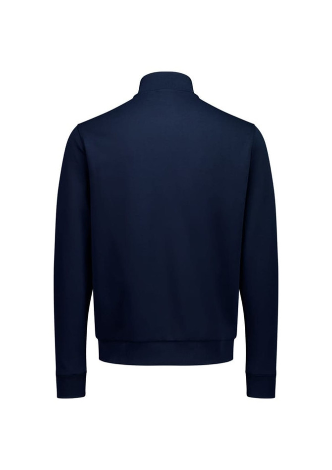 A navy mens tailor jacket displayed from the back, featuring a simple and clean design. It has a logo on the exterior.