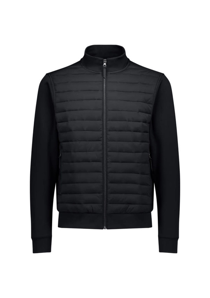 A black men's tailored jacket featuring a quilted front and smooth sleeves, with a zip closure and side pockets.