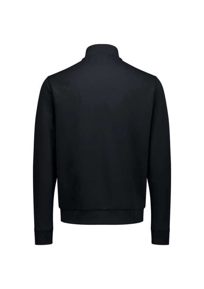 A black tailor jacket featuring a simple, sleek design and a high collar, with a plain back view.