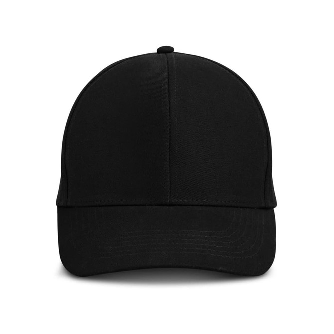 A black cap with a curved brim and a structured front, featuring a logo on the side.