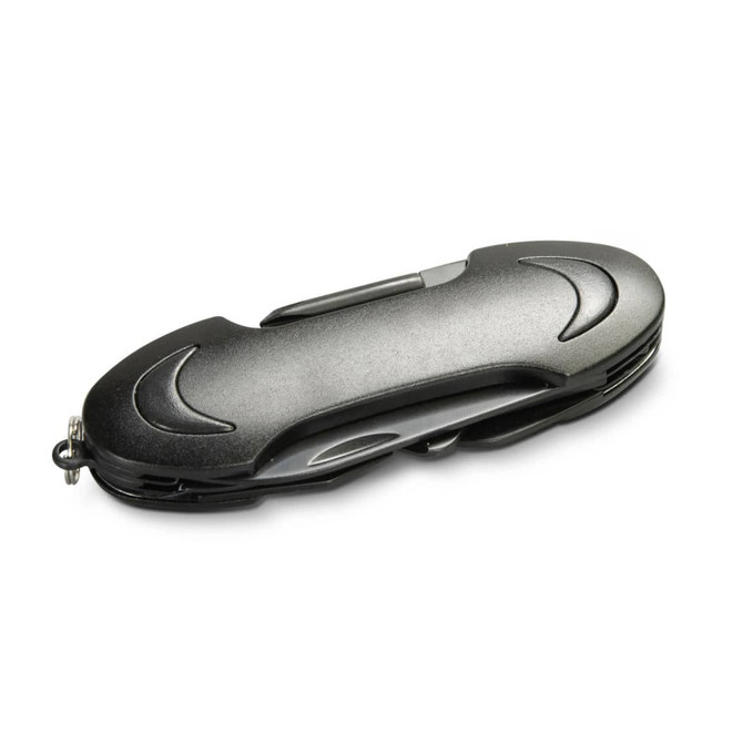 A black multi-function pocket knife with a sleek design and a small attached loop for easy carrying.