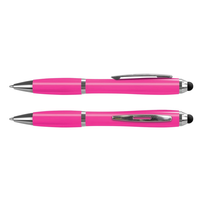 A pink stylus pen with a shiny silver clip and detailing, featuring a dual-tip design.