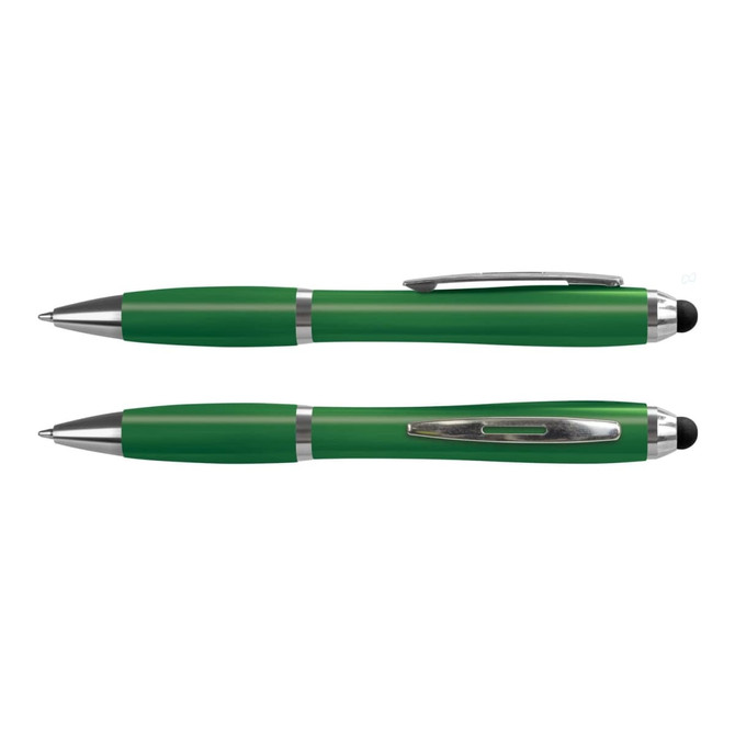 A green stylus pen with silver accents, featuring both a ballpoint and a touch screen end, alongside another similar pen.