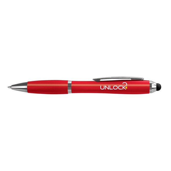 A red stylus pen with a sleek design and silver accents, featuring a logo.