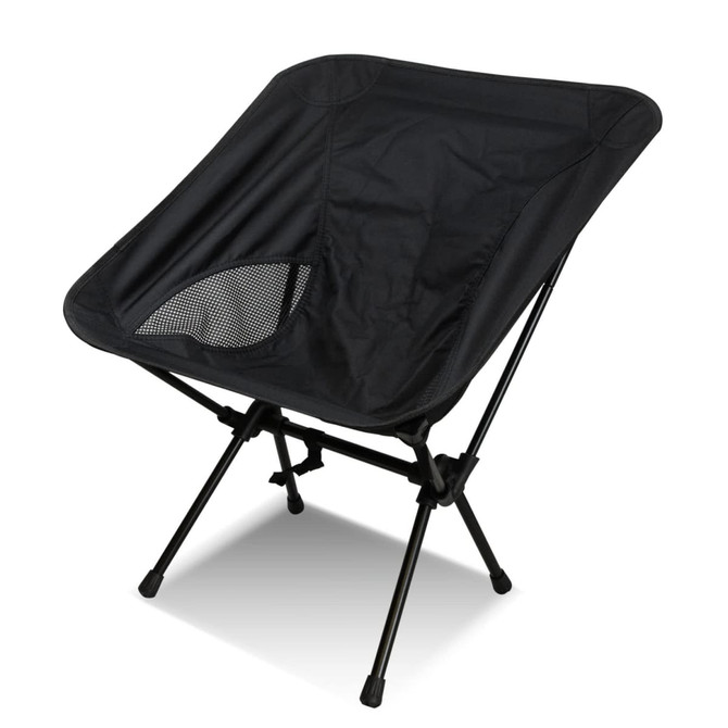 A lightweight folding chair with a black fabric seat and a mesh panel, featuring a sturdy black frame.