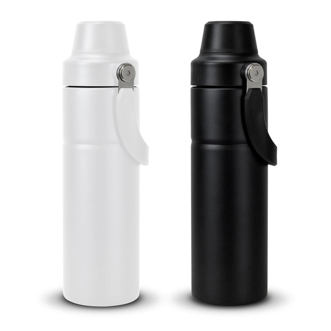 A drink bottle set featuring a white bottle and a black bottle, both with a silver handle and logo.