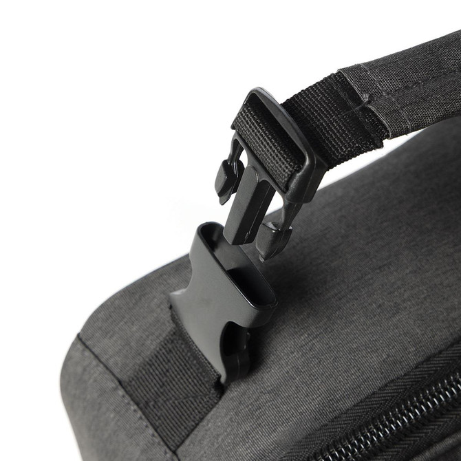 A grey cooler bag with a prominent black buckle strap attachment. It features a simple, minimalist design.