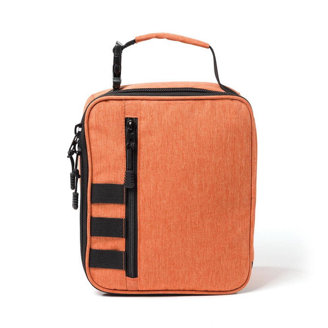 An orange cooler bag with a zippered closure, adjustable strap, and side webbing for attachment, featuring a branding logo.