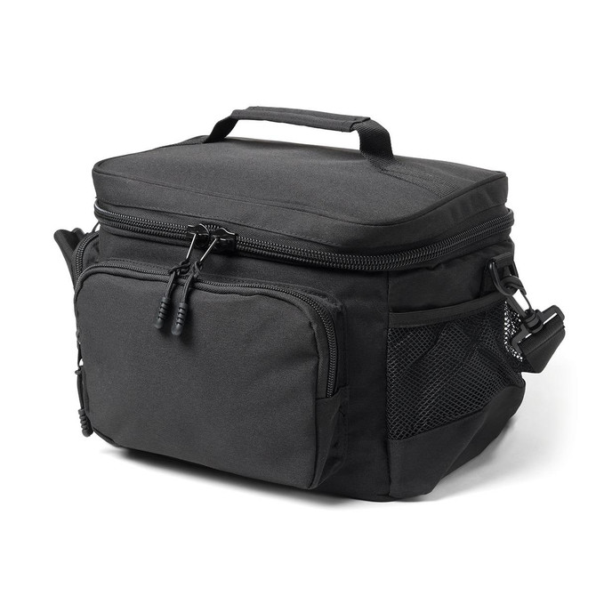 A black lunch cooler with a main compartment, zippered pockets, and side mesh storage. It features a sturdy handle.
