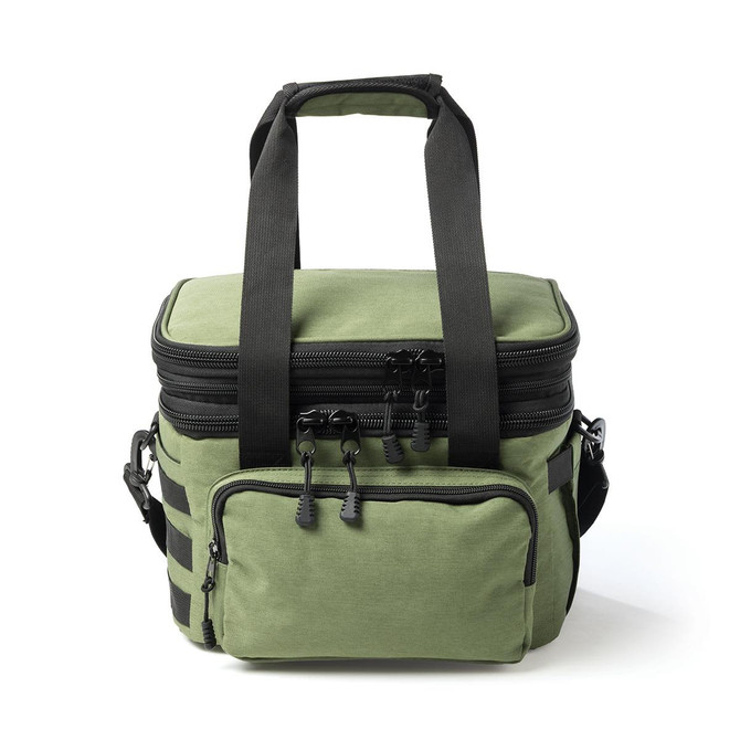 An olive green cooler bag with black straps and zippers, featuring a front pocket and a sturdy handle.