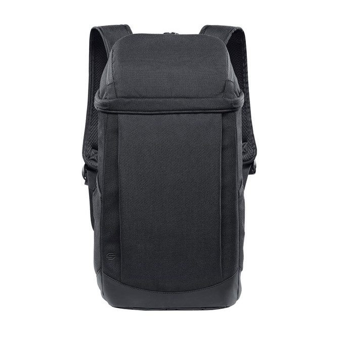 A black cooler backpack with adjustable shoulder straps and a smooth exterior, featuring a logo on the front.