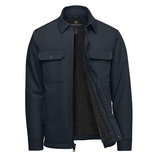 A navy men's jacket featuring a Sherpa-lined interior and two front pockets, with branding visible inside.