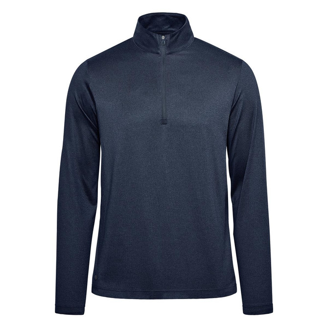 A dark navy men's pullover featuring a 1/4 zip, long sleeves, and a logo on the front.