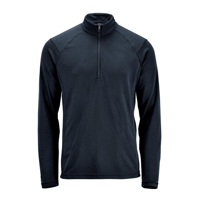 A dark navy men's pullover featuring a 1/4 zip neck and long sleeves, with a logo on the chest.