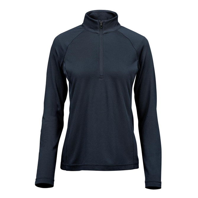 A women's navy 1/4 zip pullover featuring long sleeves and a stand-up collar, with a logo on the chest.