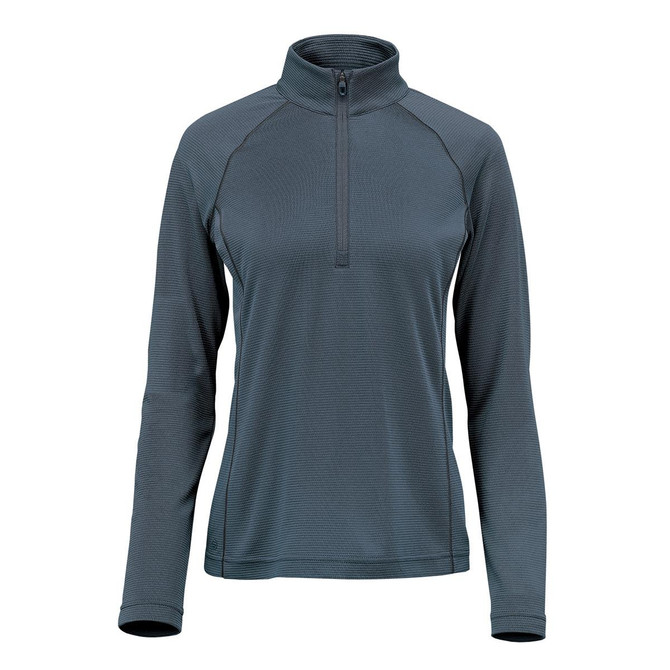A women's pullover in a dark grey colour, featuring a 1/4 zip and long sleeves. It has a subtle texture and a logo.