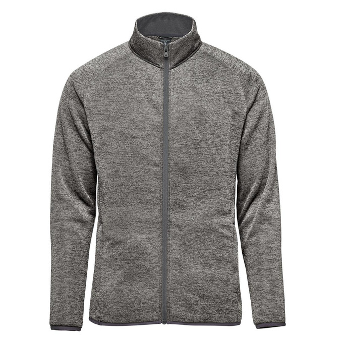 A full zip fleece jacket in a heather grey colour with a high collar and a logo on the chest.