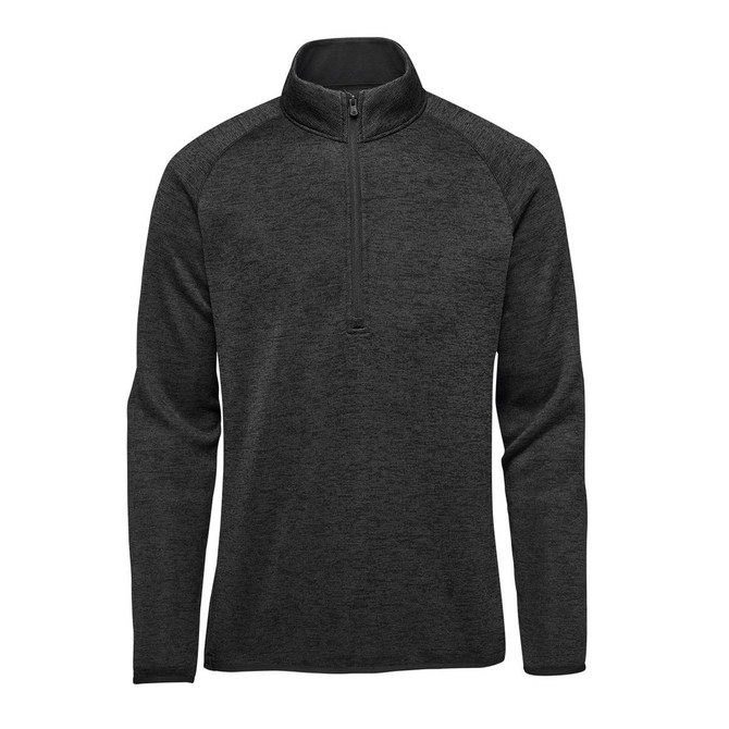 A black men's fleece jacket with a half-zip collar and long sleeves, featuring a contrasting collar and a logo.