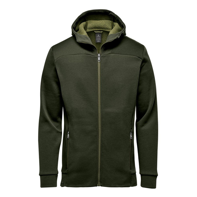 A green Men's Antares Performance Hoody featuring a full zip and hood, with a soft inner lining and zippered pockets.